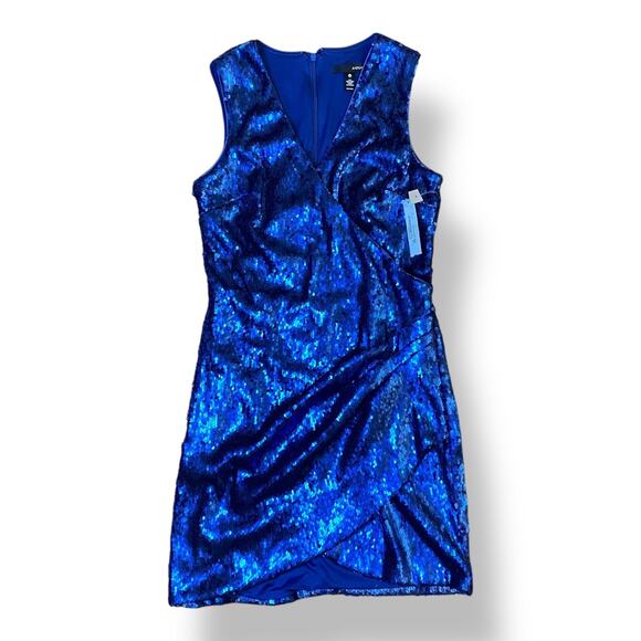 Aqua NWT Sequin Faux Wrap V-Neck Mini‎ Dress in Cobalt Blue Size S - Picture 1 of 9